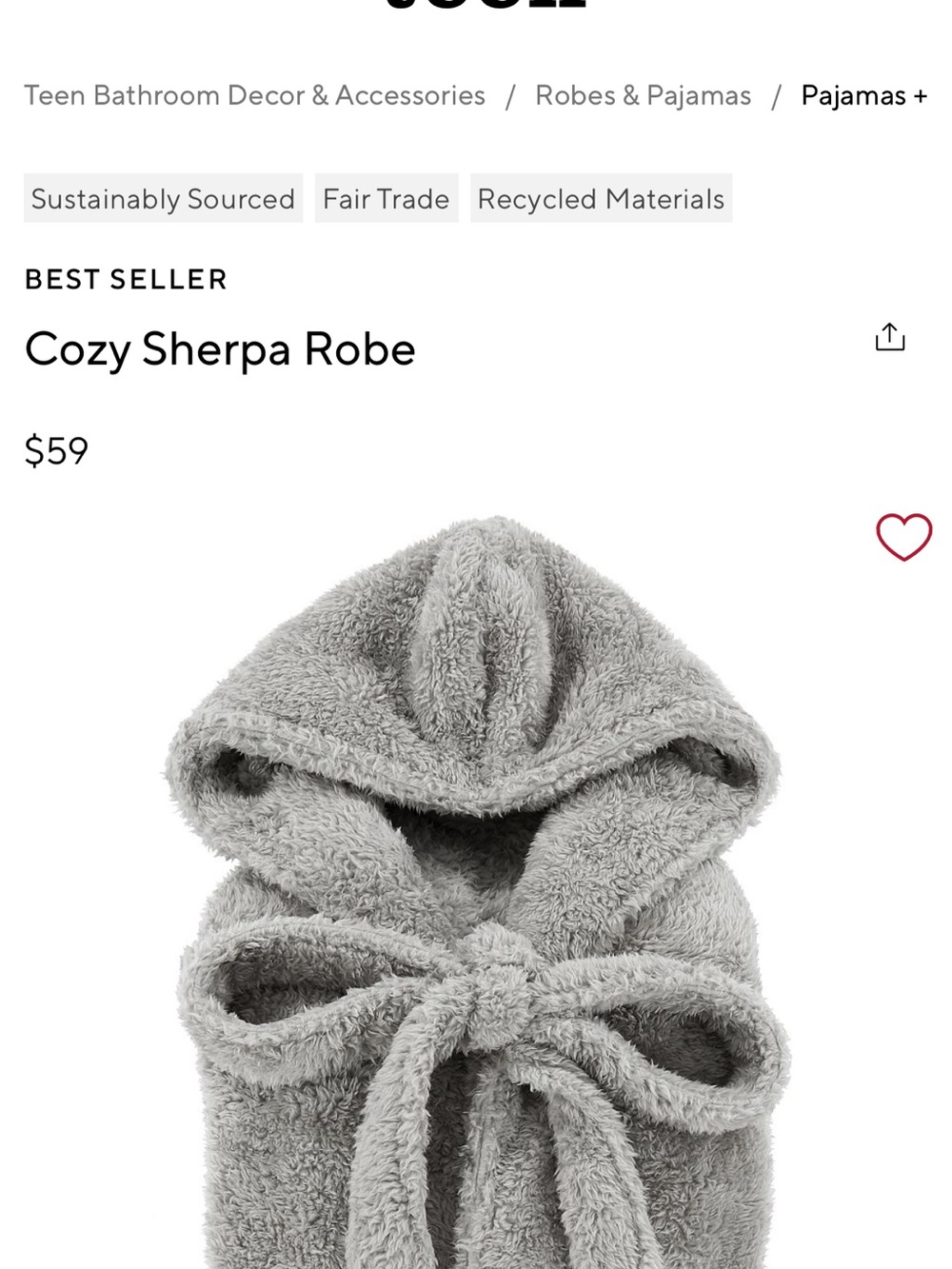 Pottery Barn Teen Cozy Sherpa Robe - Light Gray